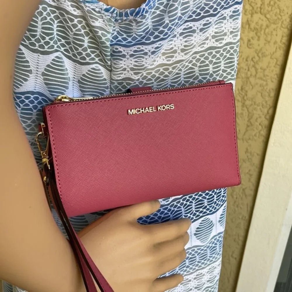 Michael Kors Jet Set Travel Large Double Zip Wristlet Wallet Rosewood Leather - Picture 15 of 16